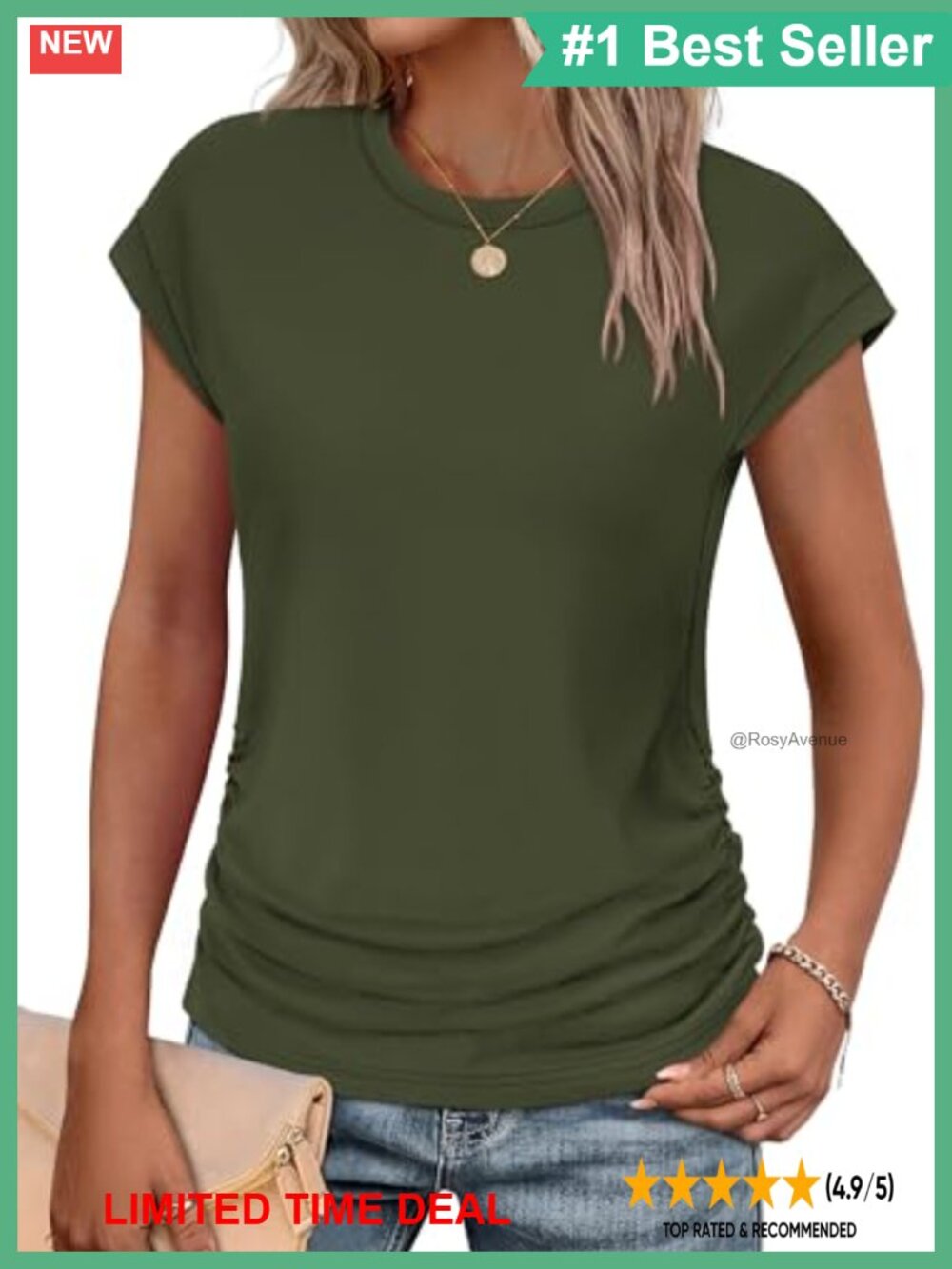 Women's Ruched Cap Sleeve Crew Neck T-Shirt Summer Top